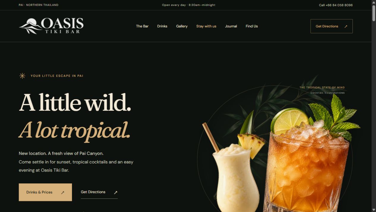 Actual screenshot of the Oasis website, with the headline A little wild. A lot tropical. and illustrated tropical cocktails.